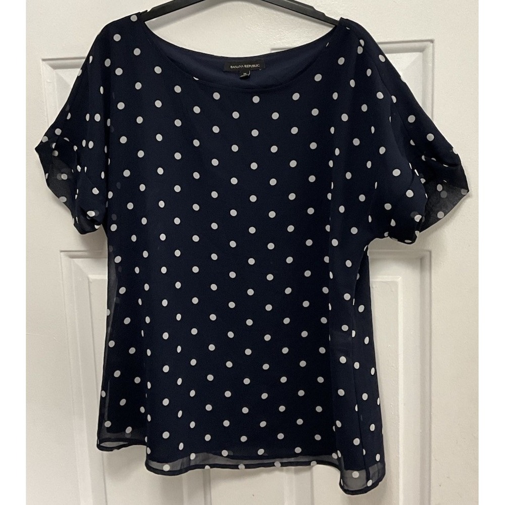 Banana Republic Polka Dot Blouse Navy Short Sleeve Chiffon Office Women's Medium